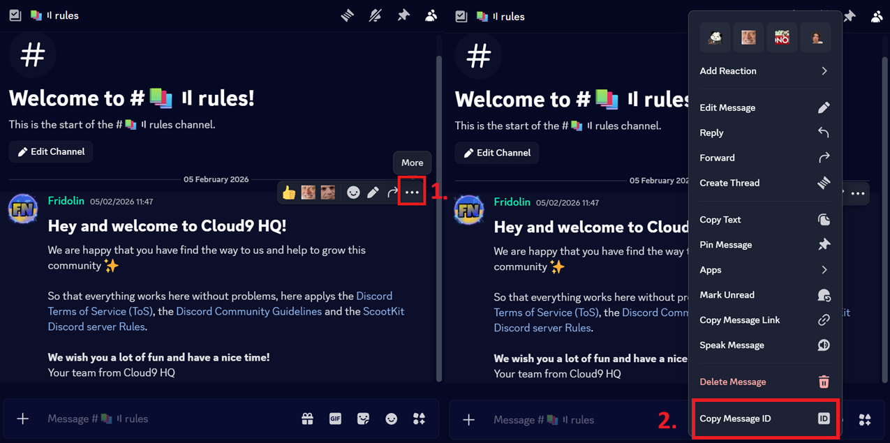 Screenshot showing the context menu on a message with Copy Message ID highlighted