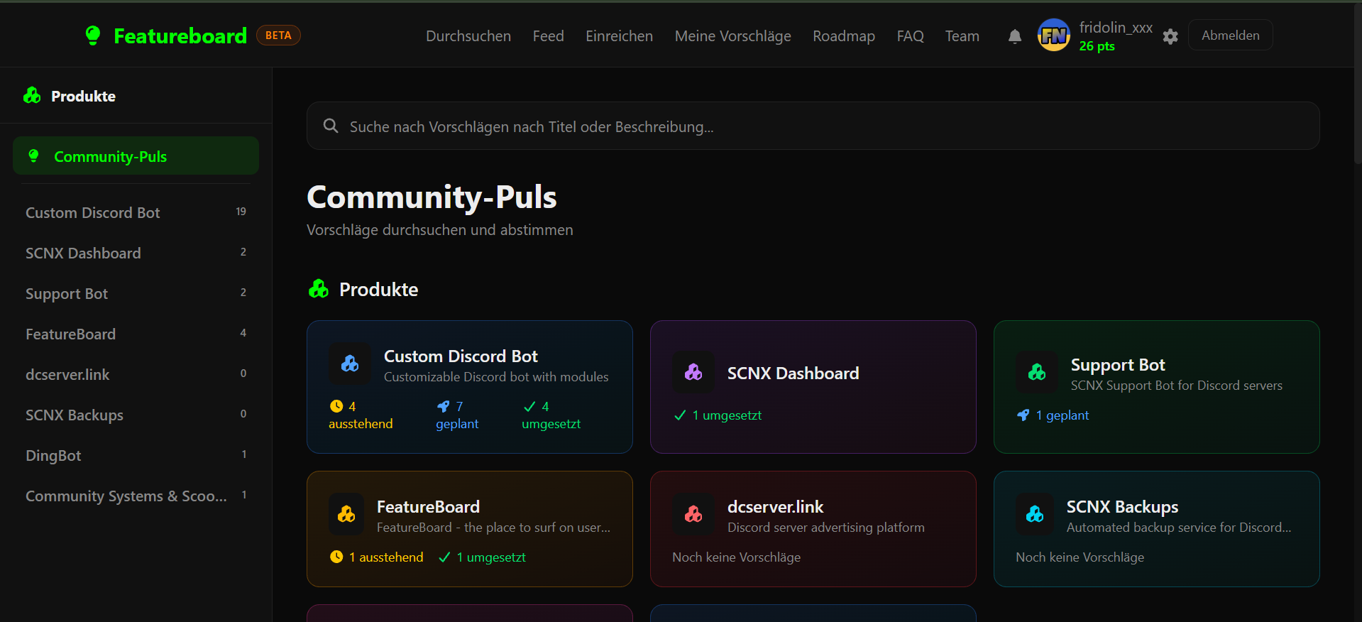 Screenshot, der den "Browse"-Tab von Featureboard zeigt